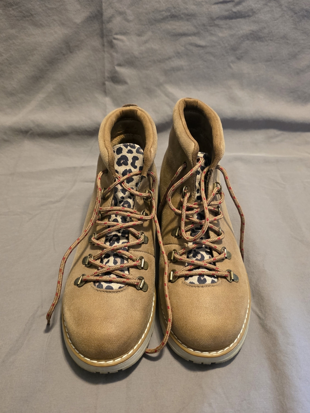 BOBS from Skechers Tan Suede Ankle Boots with Leopard-Print Tongue Like New